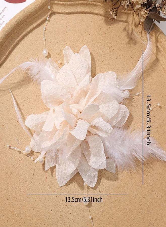 Rannyrena Vintage Feather Flower Hair Clip with Beaded Large Tulle Bow Hair Pieces Handmade Floral Bridal Wedding Hair Accessory for Women (Off white flower) - Image 5